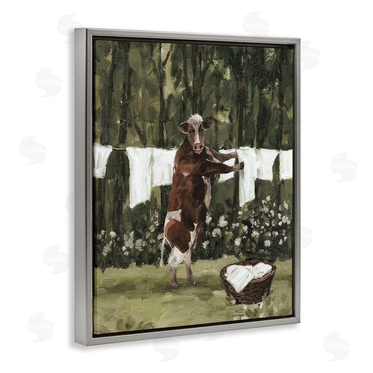 Brown Cow Doing Laundry Grey Floating Frame Canvas Wall Art, Home Decor by White Ladder