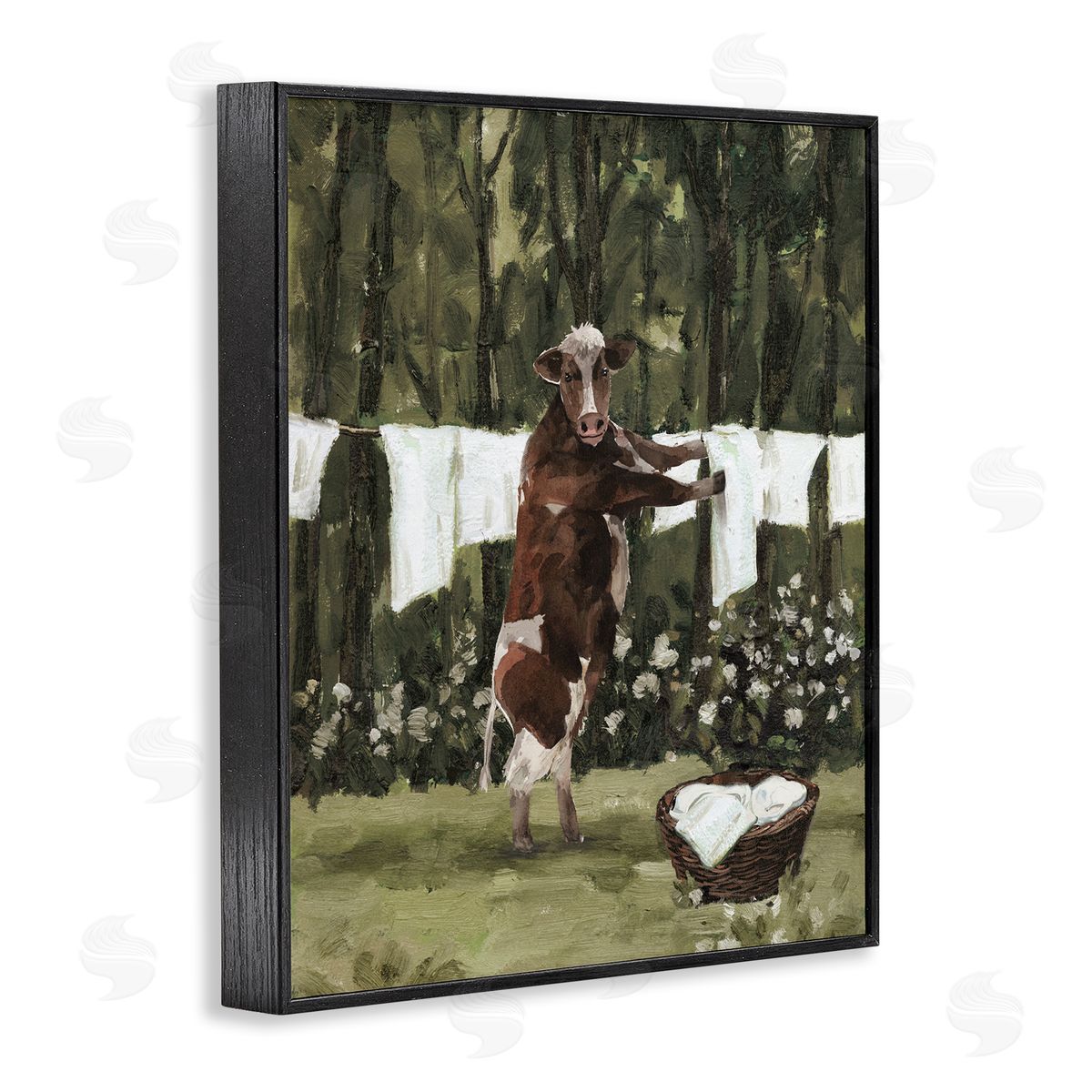 Brown Cow Doing Laundry Black Frame Print Wall Art, Home Decor by White Ladder