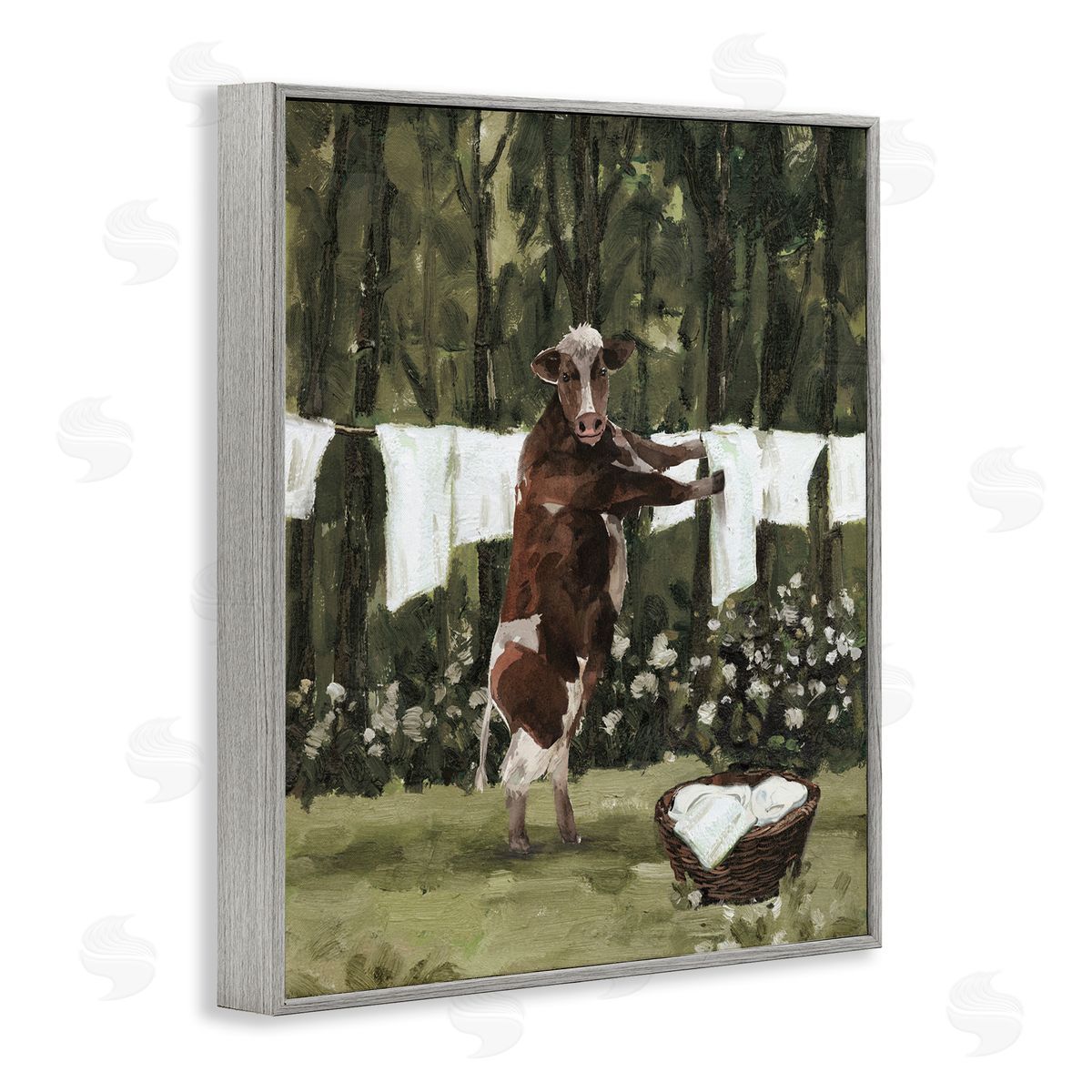 Brown Cow Doing Laundry Grey Frame Print Wall Art, Home Decor by White Ladder