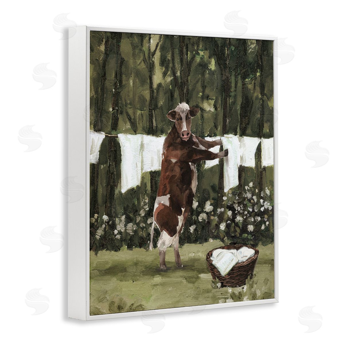 Brown Cow Doing Laundry White Frame Print Wall Art, Home Decor by White Ladder