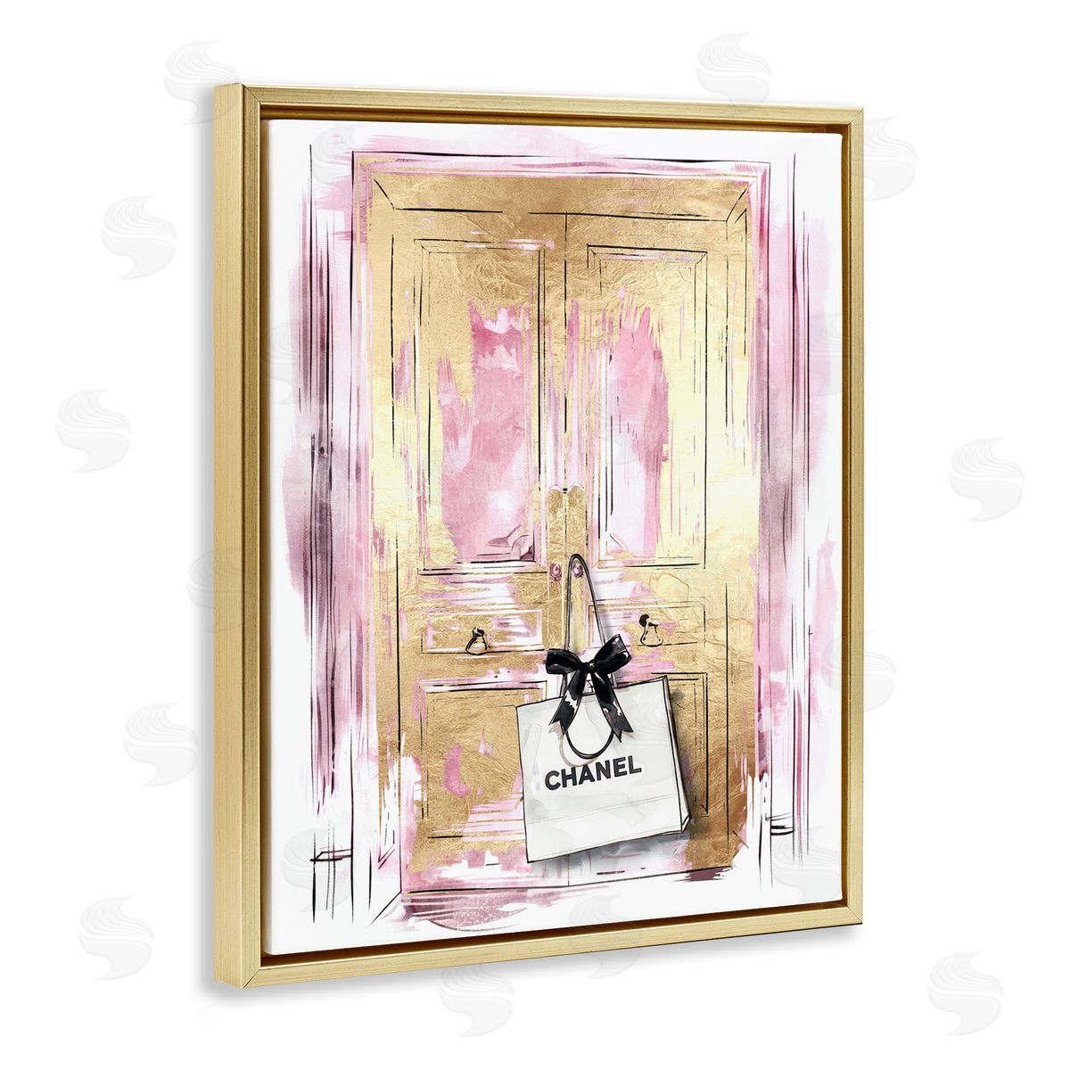 Shopping Bag on Door Gold Floating Frame Canvas Wall Art, Home Decor by Svetlana Aleynikova