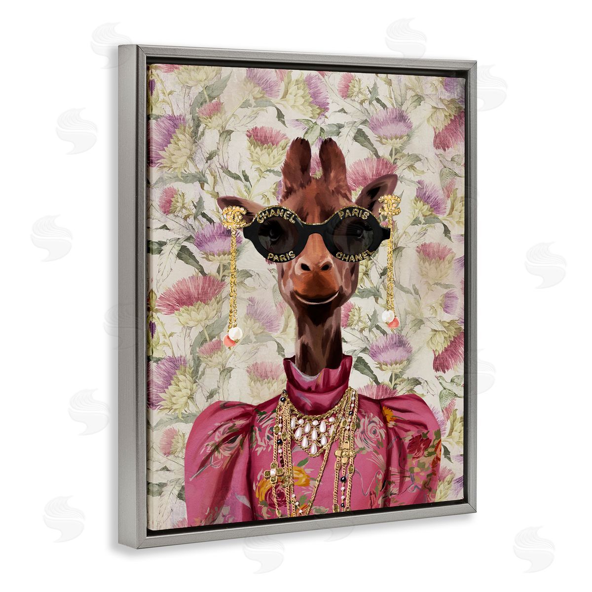 Fancy Giraffe on Florals Grey Floating Frame Canvas Wall Art, Home Decor by Svetlana Aleynikova