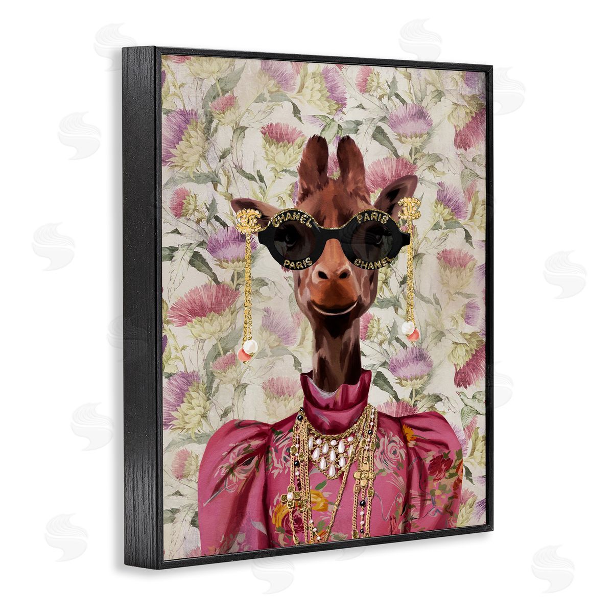 Fancy Giraffe on Florals Black Frame Print Wall Art, Home Decor by Svetlana Aleynikova