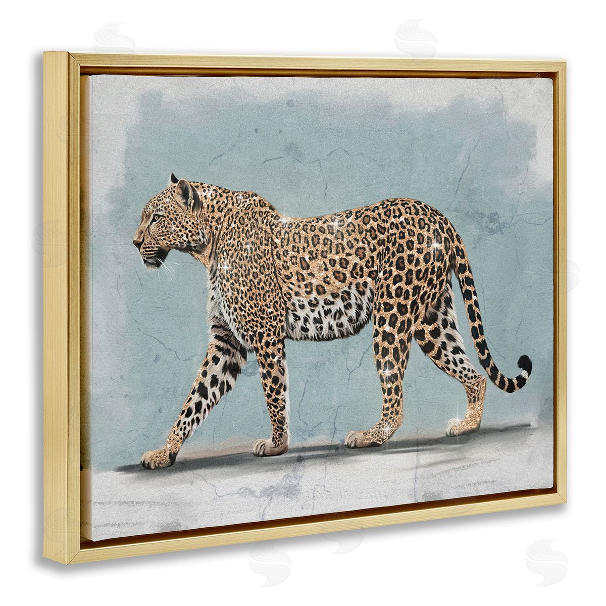 Stepping Glam Leopard Gold Floating Frame Canvas Wall Art, Home Decor by Svetlana Aleynikova