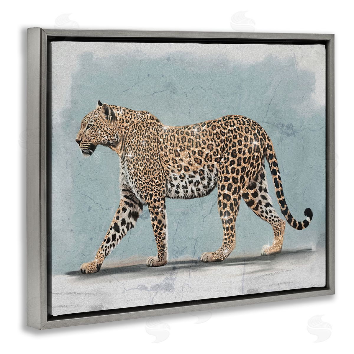Stepping Glam Leopard Grey Floating Frame Canvas Wall Art, Home Decor by Svetlana Aleynikova