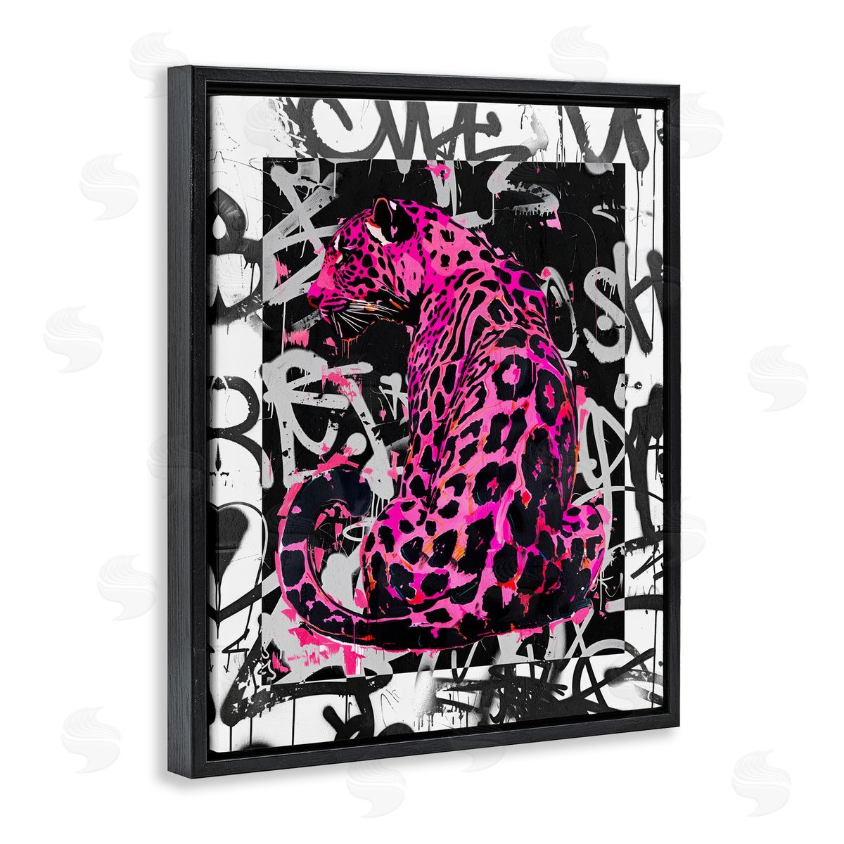 Urban Graffiti Leopard Black Floating Frame Canvas Wall Art, Home Decor by Svetlana Aleynikova