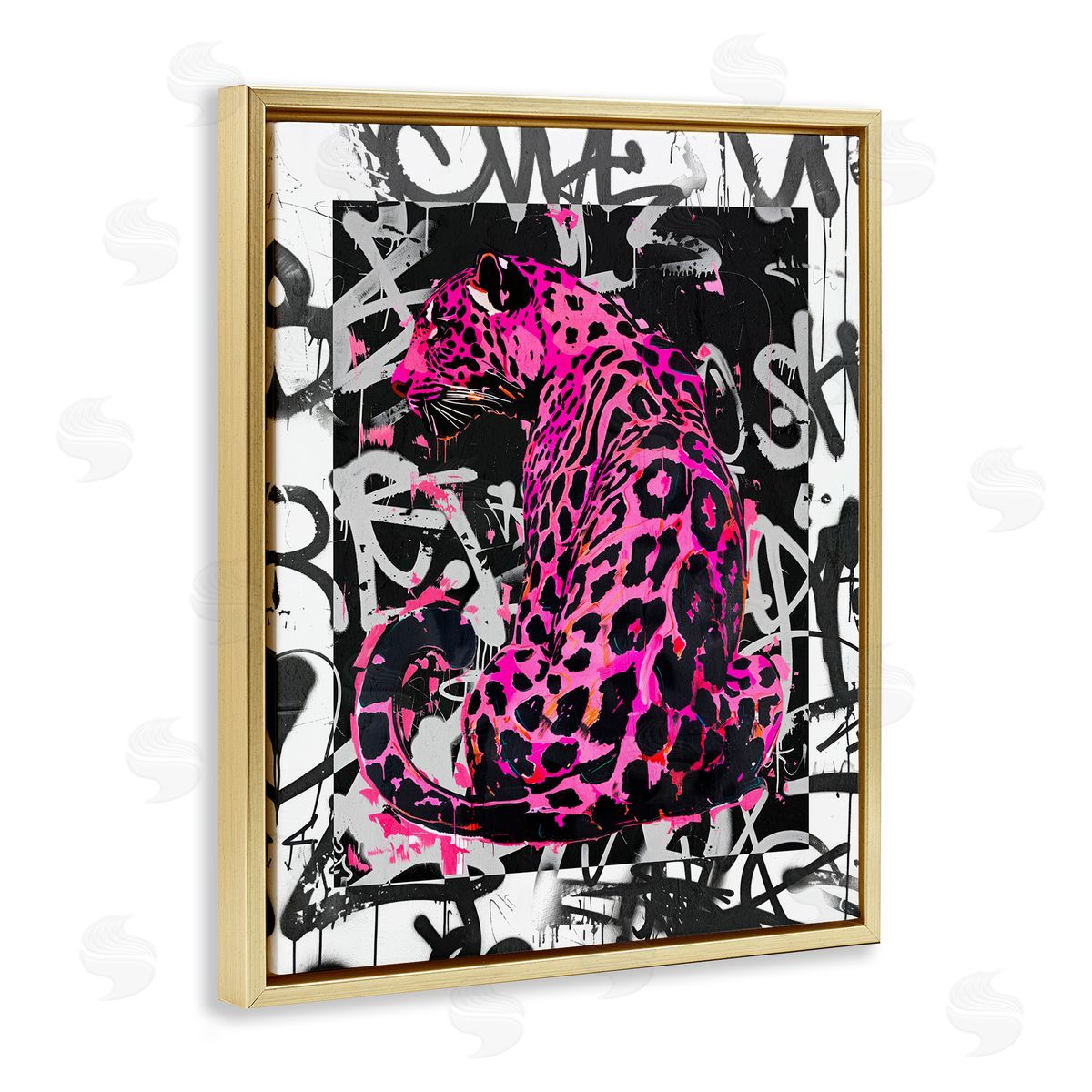 Urban Graffiti Leopard Gold Floating Frame Canvas Wall Art, Home Decor by Svetlana Aleynikova