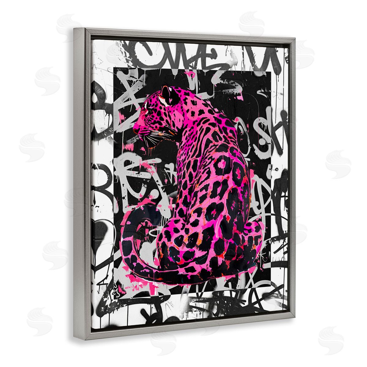 Urban Graffiti Leopard Grey Floating Frame Canvas Wall Art, Home Decor by Svetlana Aleynikova
