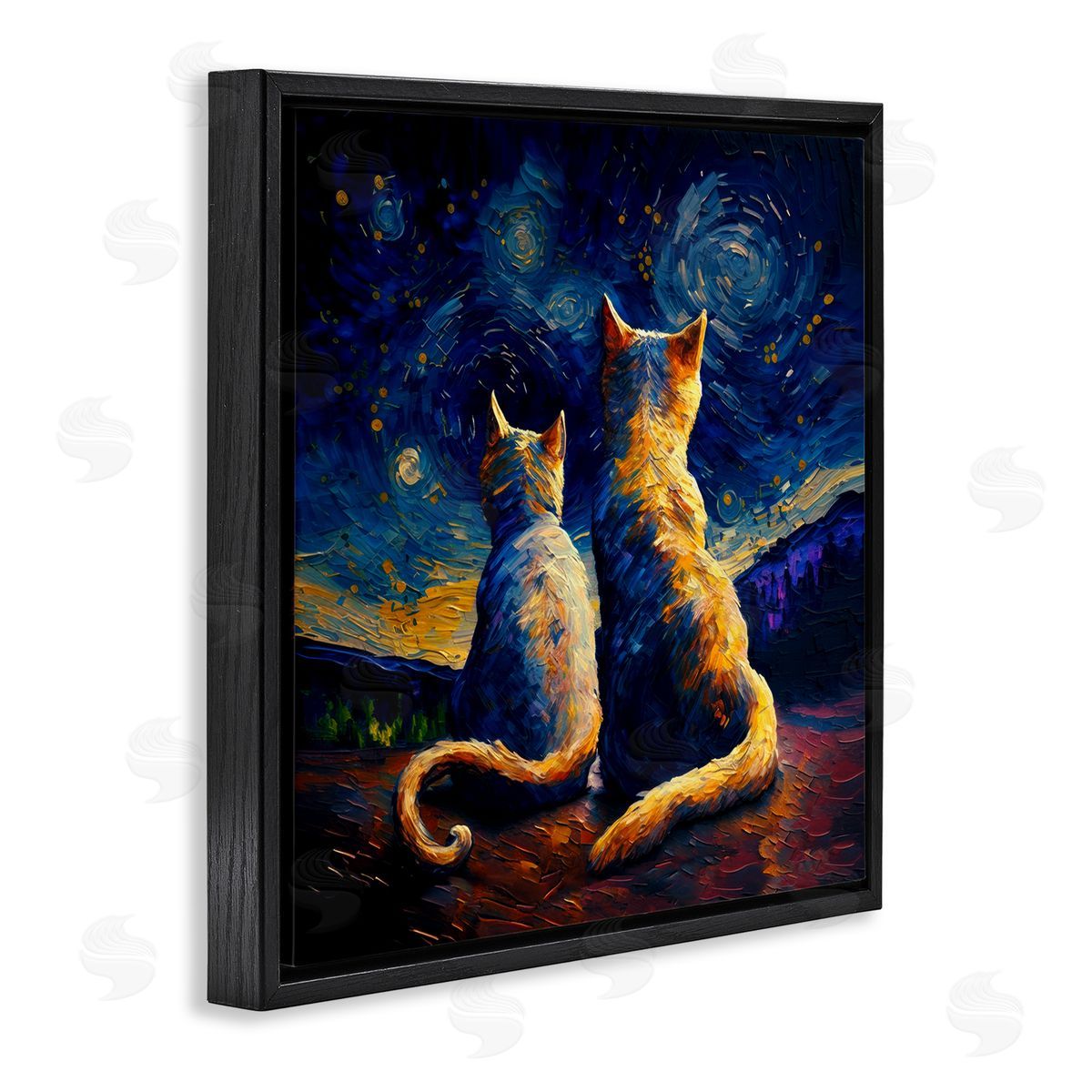 Swirled Night Sky Cats Black Floating Frame Canvas Wall Art, Home Decor by Svetlana Aleynikova