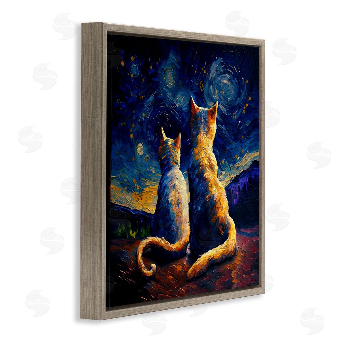 Swirled Night Sky Cats Brown Floating Frame Canvas Wall Art, Home Decor by Svetlana Aleynikova