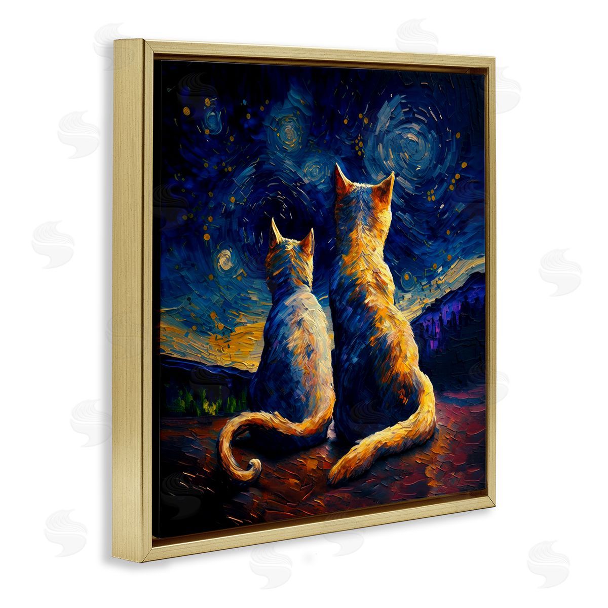 Swirled Night Sky Cats Gold Floating Frame Canvas Wall Art, Home Decor by Svetlana Aleynikova