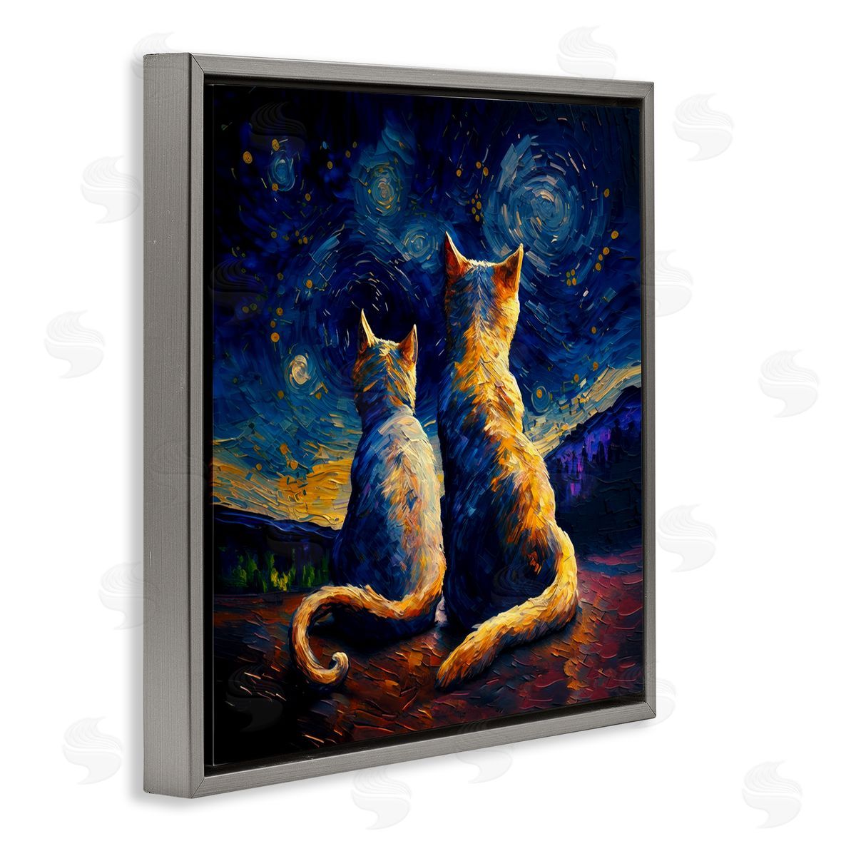 Swirled Night Sky Cats Grey Floating Frame Canvas Wall Art, Home Decor by Svetlana Aleynikova