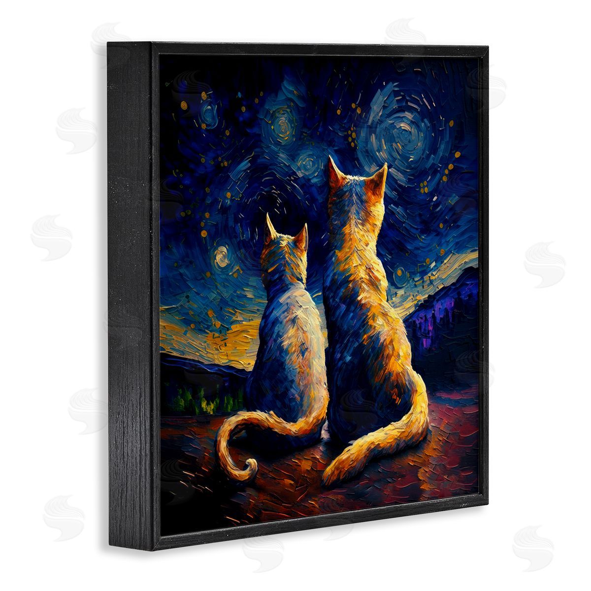 Swirled Night Sky Cats Black Frame Print Wall Art, Home Decor by Svetlana Aleynikova
