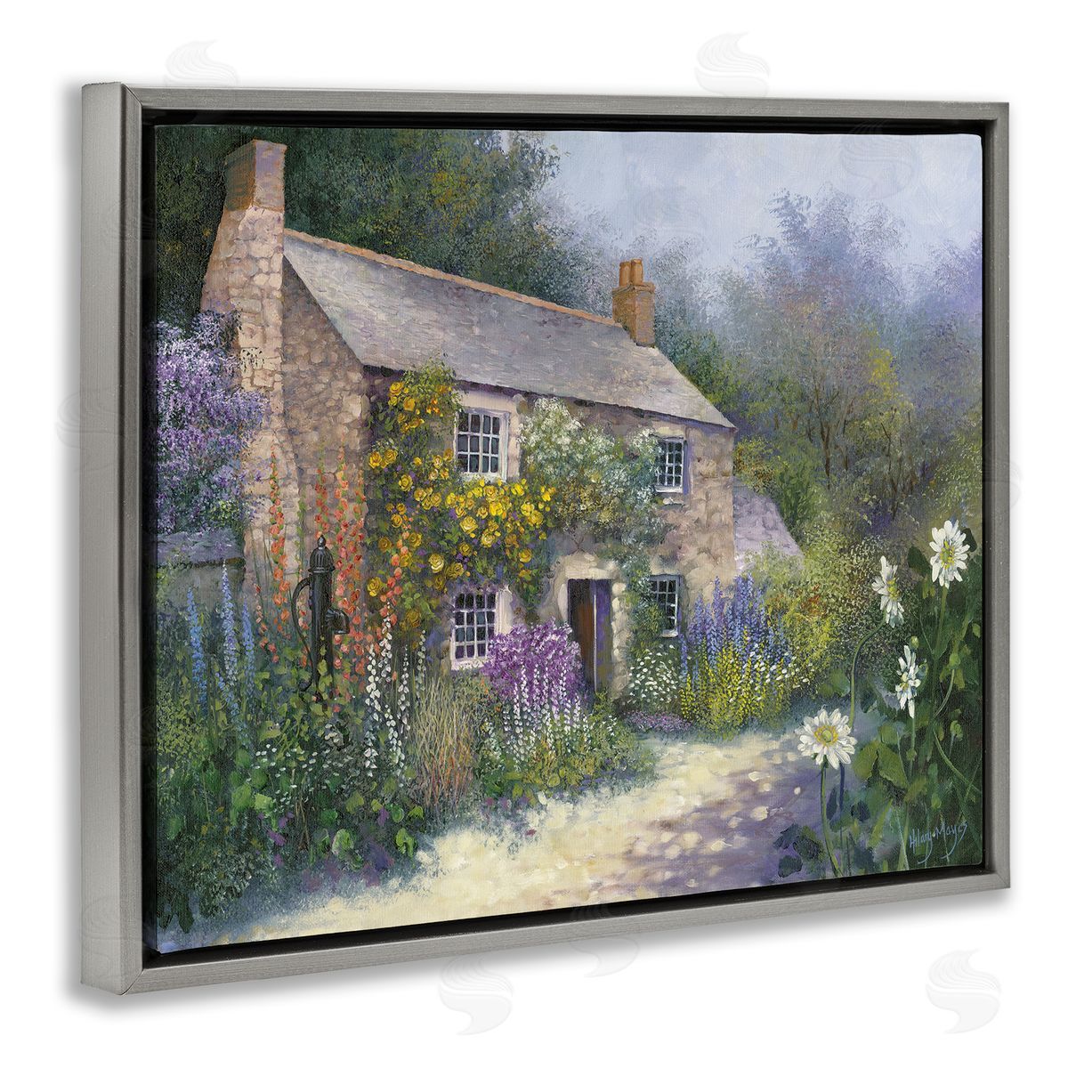 Gardener's Cottage View Grey Floating Frame Canvas Wall Art, Home Decor by Hilary Mayes
