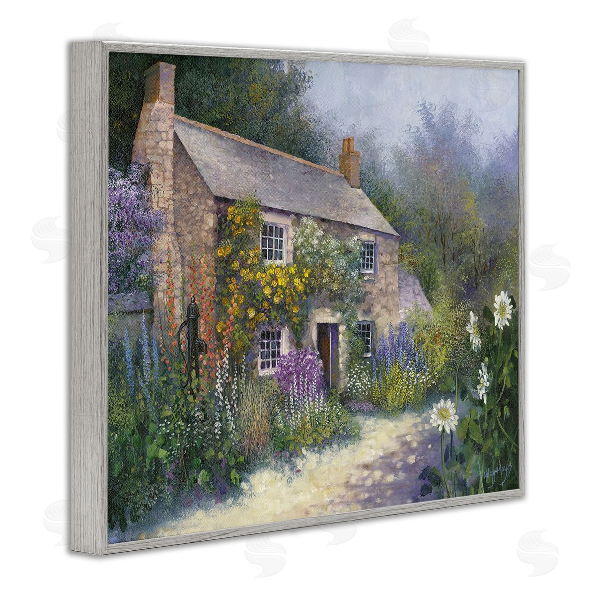 Gardener's Cottage View Grey Frame Print Wall Art, Home Decor by Hilary Mayes