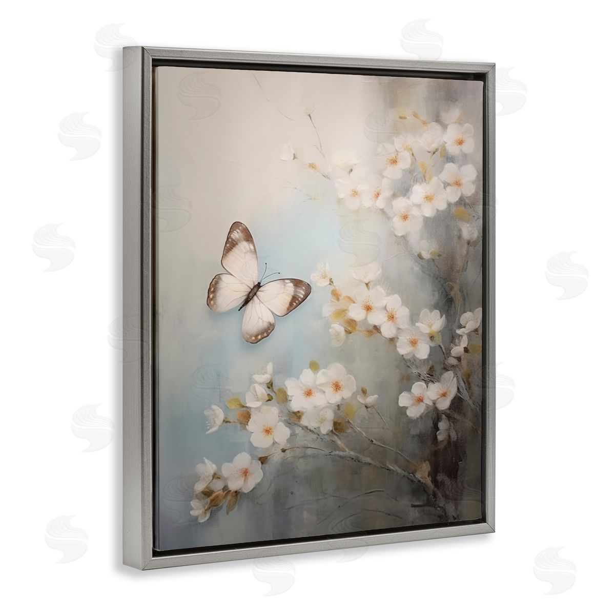 Spring Butterfly & Dogwood Grey Floating Frame Canvas Wall Art, Home Decor by Arlington Prints