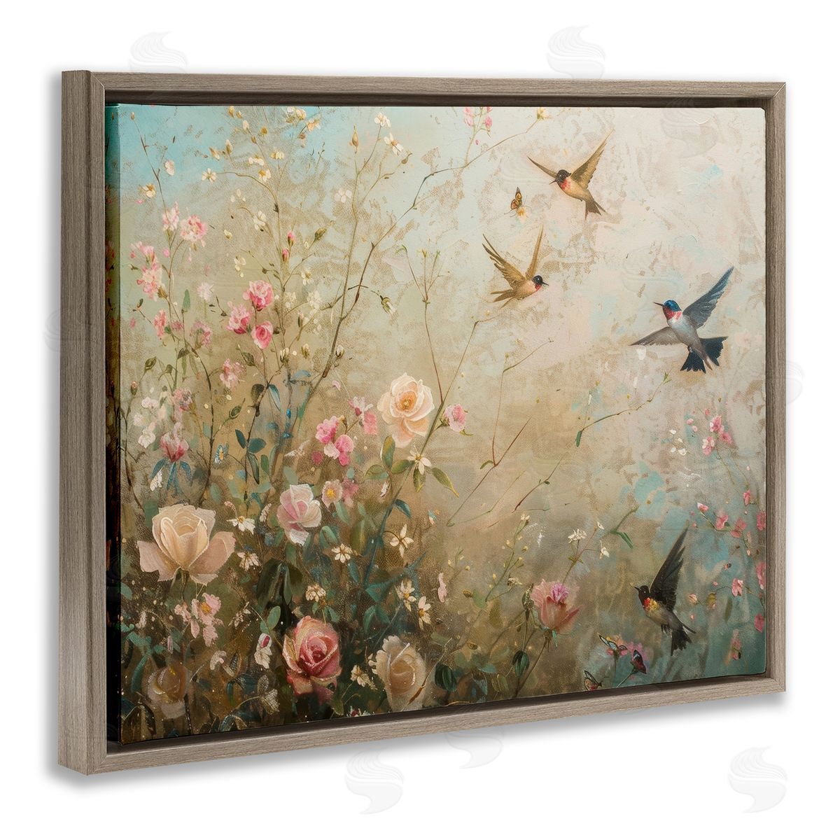 Spring Meadow Birds Brown Floating Frame Canvas Wall Art, Home Decor by Arlington Prints