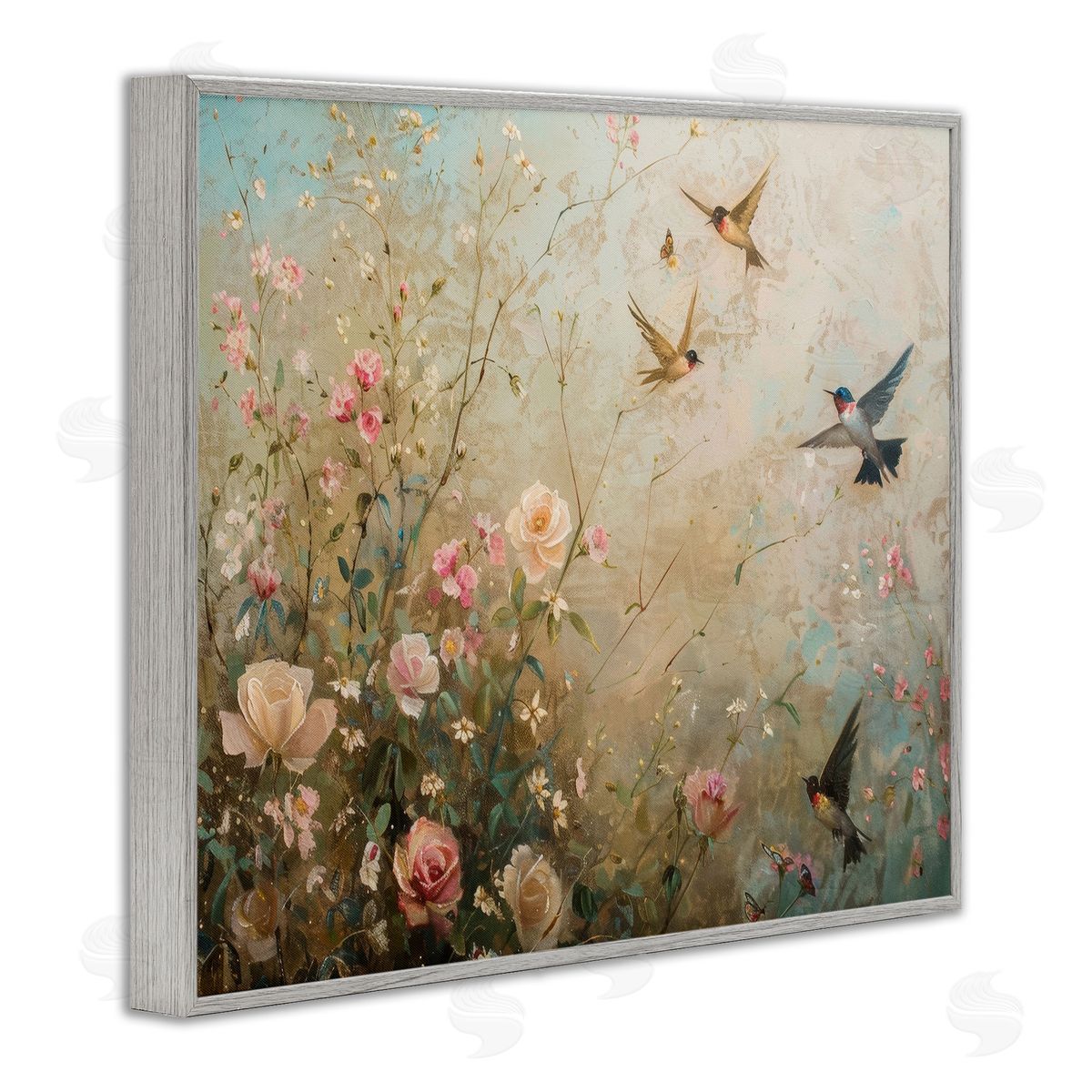 Spring Meadow Birds Grey Frame Print Wall Art, Home Decor by Arlington Prints