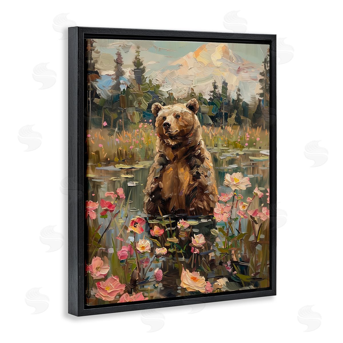Bear in Floral Pond Black Floating Frame Canvas Wall Art, Home Decor by Arlington Prints