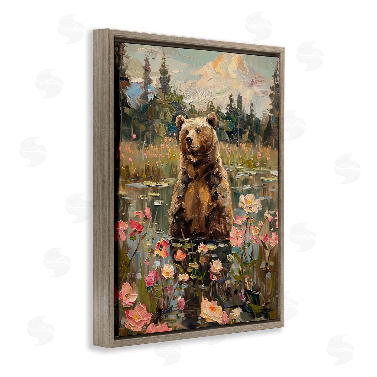 Bear in Floral Pond Brown Floating Frame Canvas Wall Art, Home Decor by Arlington Prints