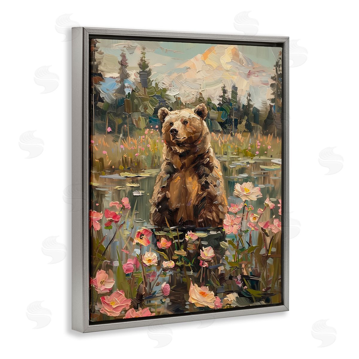Bear in Floral Pond Grey Floating Frame Canvas Wall Art, Home Decor by Arlington Prints
