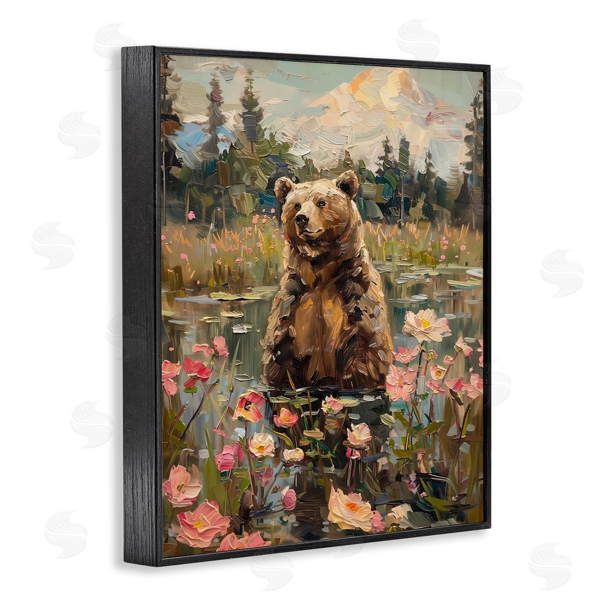 Bear in Floral Pond Black Frame Print Wall Art, Home Decor by Arlington Prints