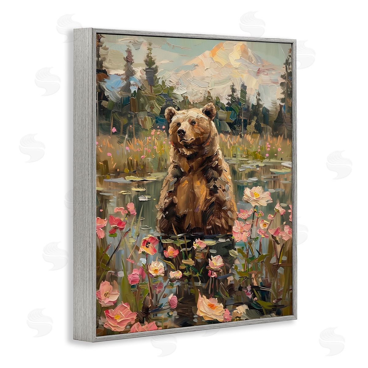 Bear in Floral Pond Grey Frame Print Wall Art, Home Decor by Arlington Prints