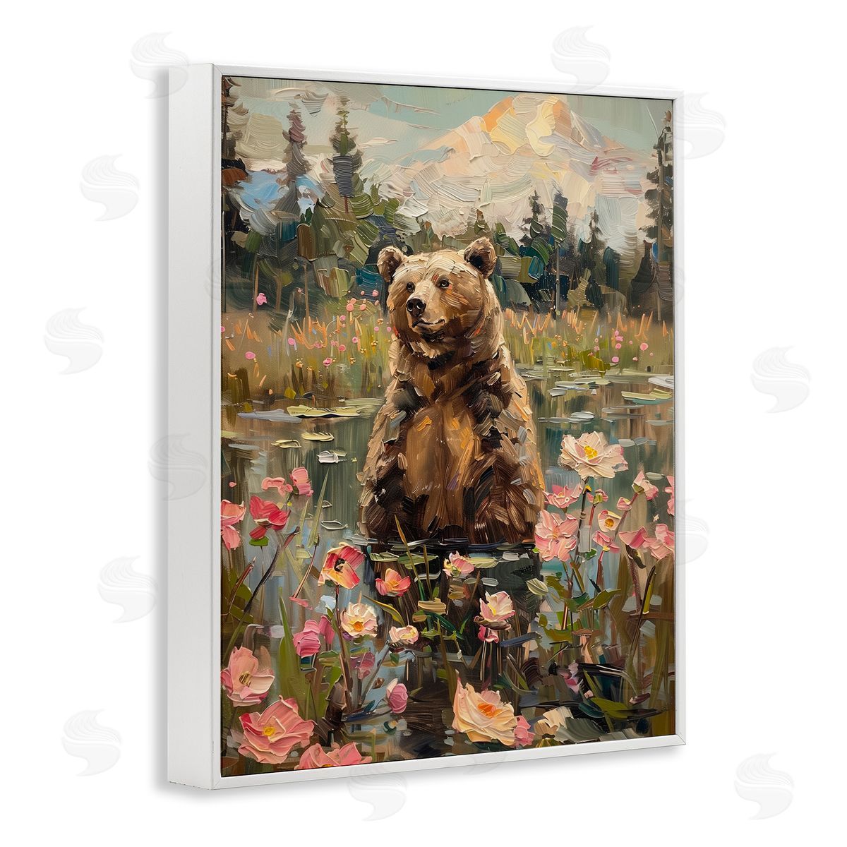 Bear in Floral Pond White Frame Print Wall Art, Home Decor by Arlington Prints