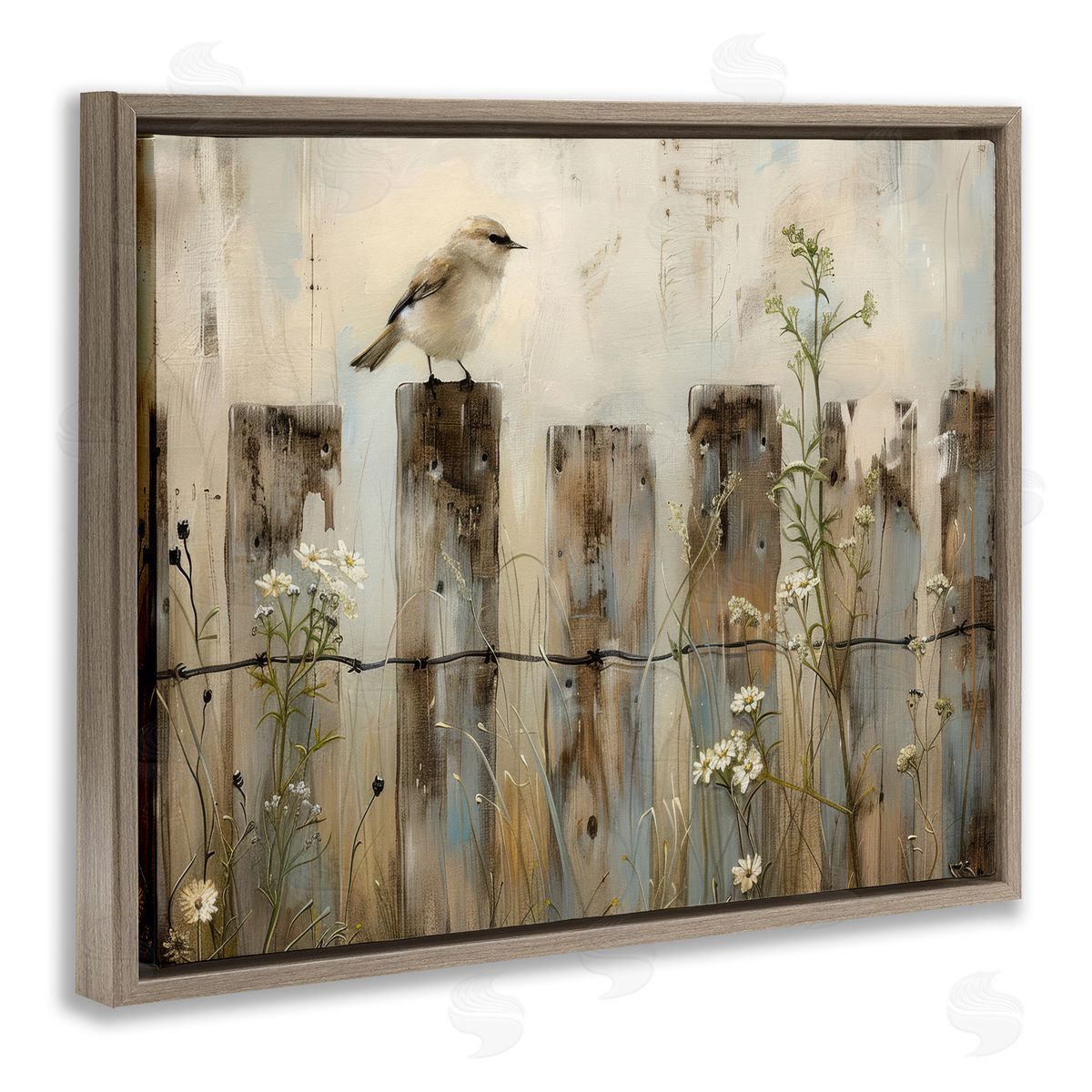 Fence Perched Country Bird Brown Floating Frame Canvas Wall Art, Home Decor by Arlington Prints