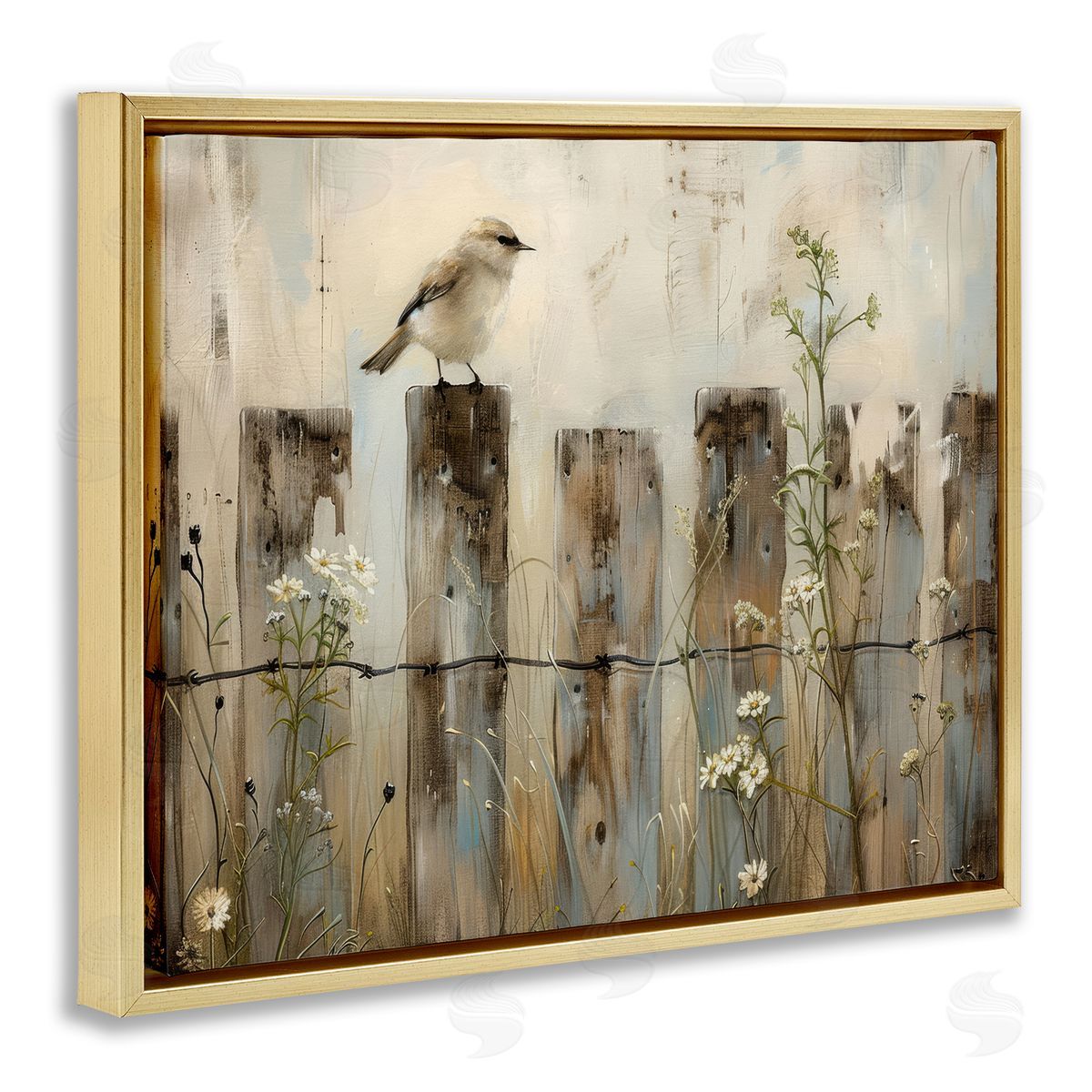 Fence Perched Country Bird Gold Floating Frame Canvas Wall Art, Home Decor by Arlington Prints