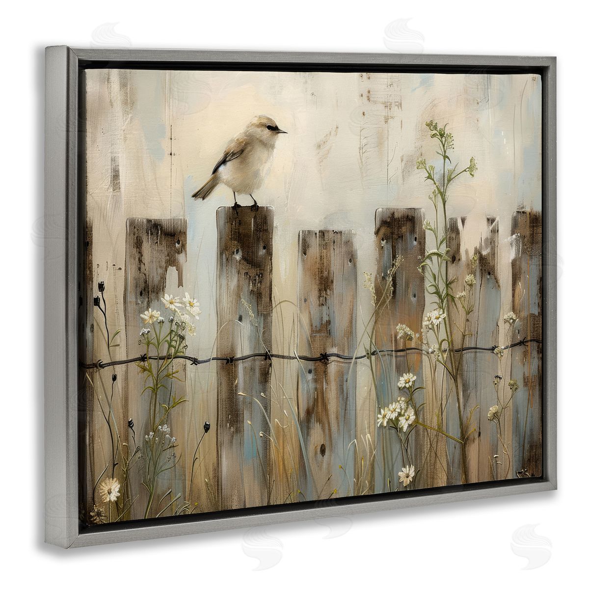 Fence Perched Country Bird Grey Floating Frame Canvas Wall Art, Home Decor by Arlington Prints