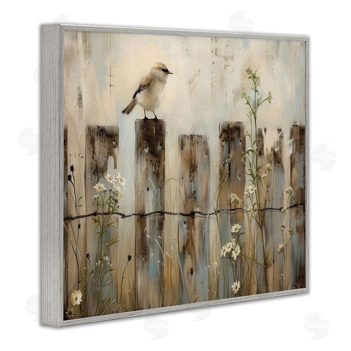 Fence Perched Country Bird Grey Frame Print Wall Art, Home Decor by Arlington Prints