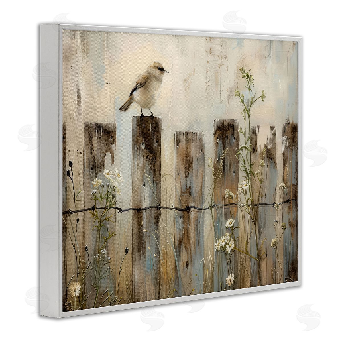 Fence Perched Country Bird White Frame Print Wall Art, Home Decor by Arlington Prints