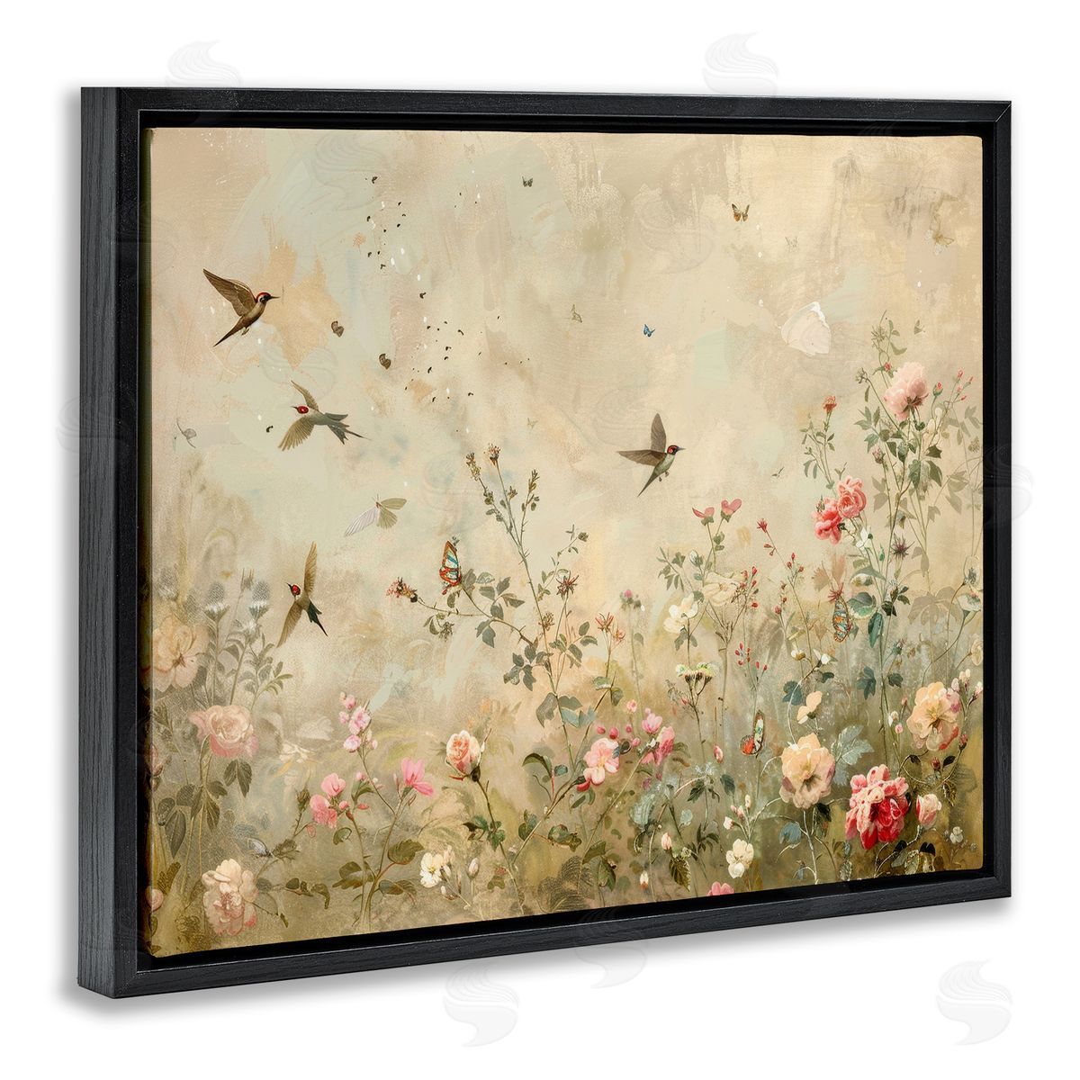 Swallows in Flower Meadow Black Floating Frame Canvas Wall Art, Home Decor by Arlington Prints