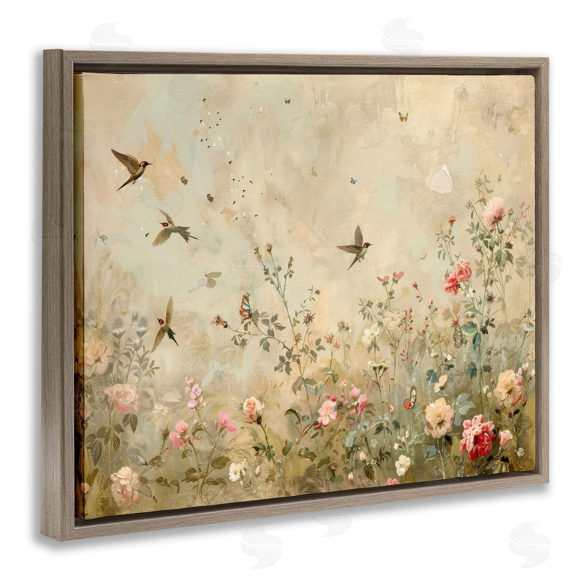 Swallows in Flower Meadow Brown Floating Frame Canvas Wall Art, Home Decor by Arlington Prints