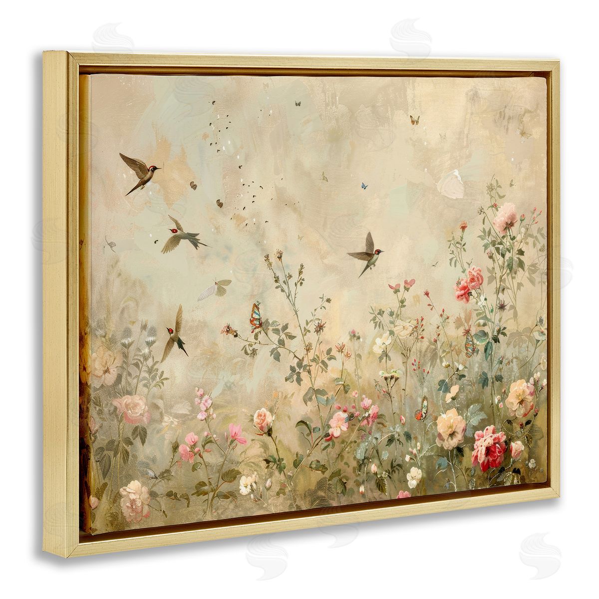 Swallows in Flower Meadow Gold Floating Frame Canvas Wall Art, Home Decor by Arlington Prints