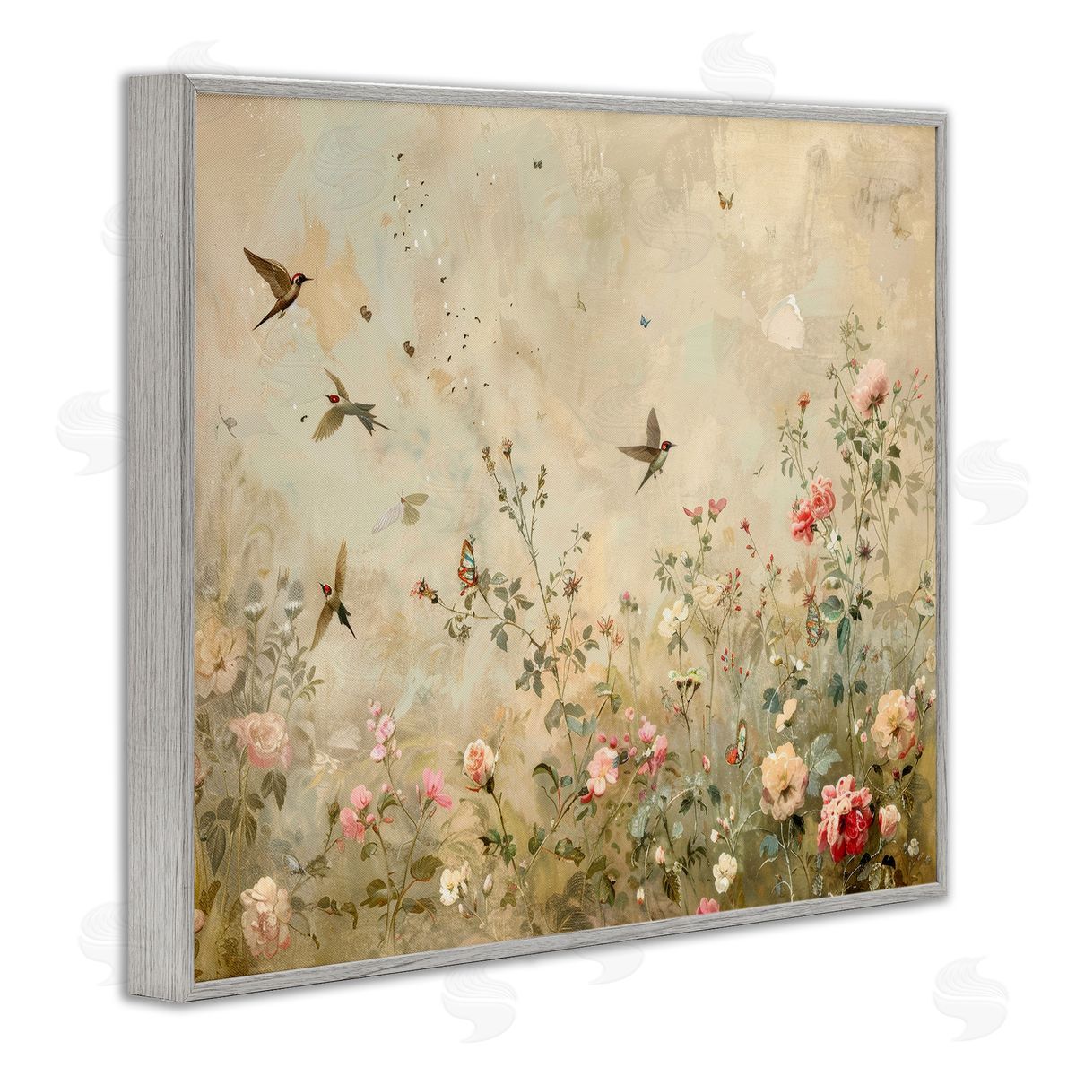 Swallows in Flower Meadow Grey Frame Print Wall Art, Home Decor by Arlington Prints
