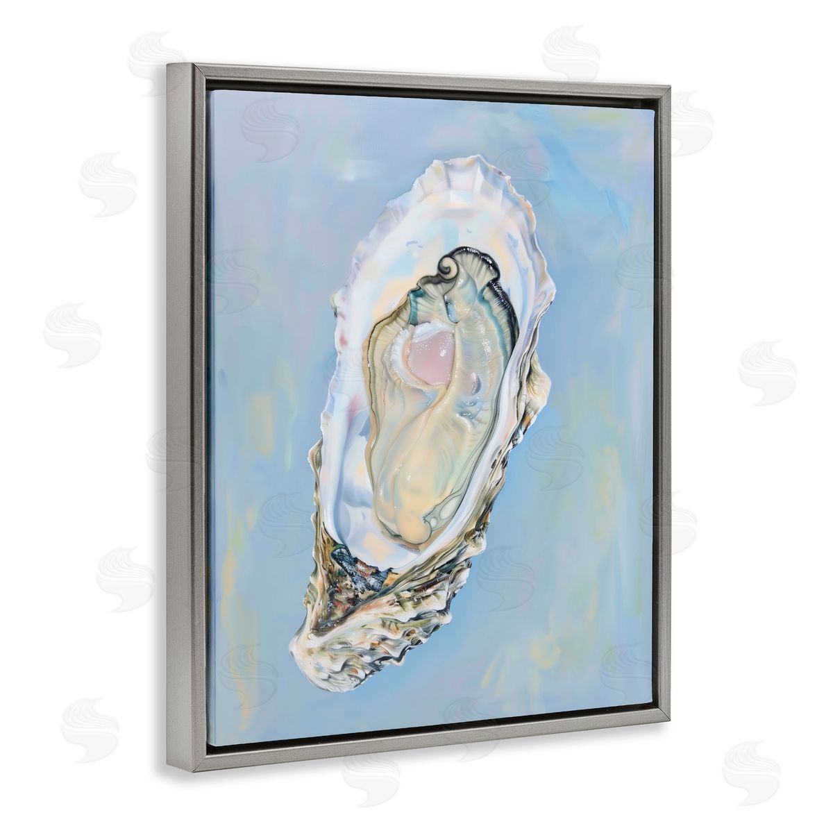 Detailed Oyster on Blue Grey Floating Frame Canvas Wall Art, Home Decor by Arlington Prints