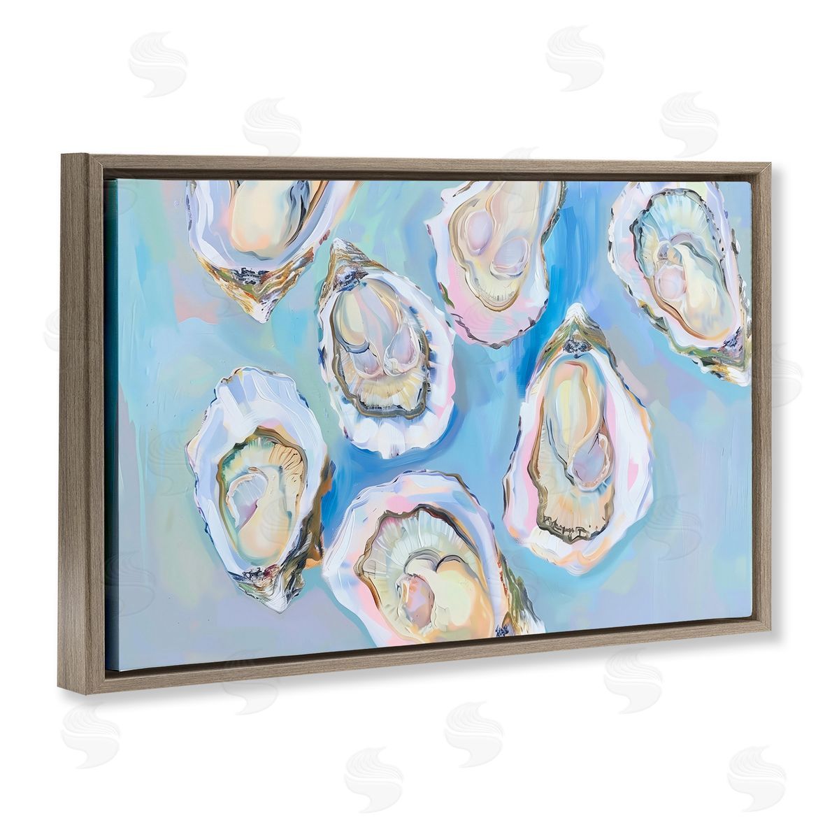 Pastel Oysters on Blue Brown Floating Frame Canvas Wall Art, Home Decor by Arlington Prints