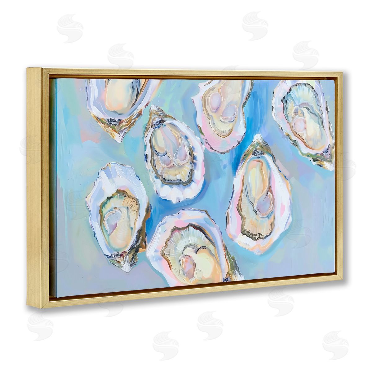 Pastel Oysters on Blue Gold Floating Frame Canvas Wall Art, Home Decor by Arlington Prints