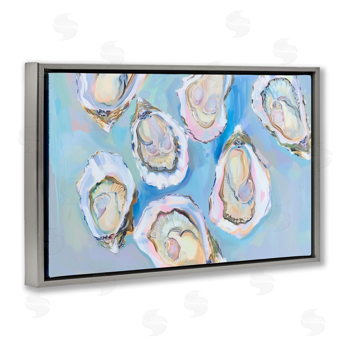 Pastel Oysters on Blue Grey Floating Frame Canvas Wall Art, Home Decor by Arlington Prints