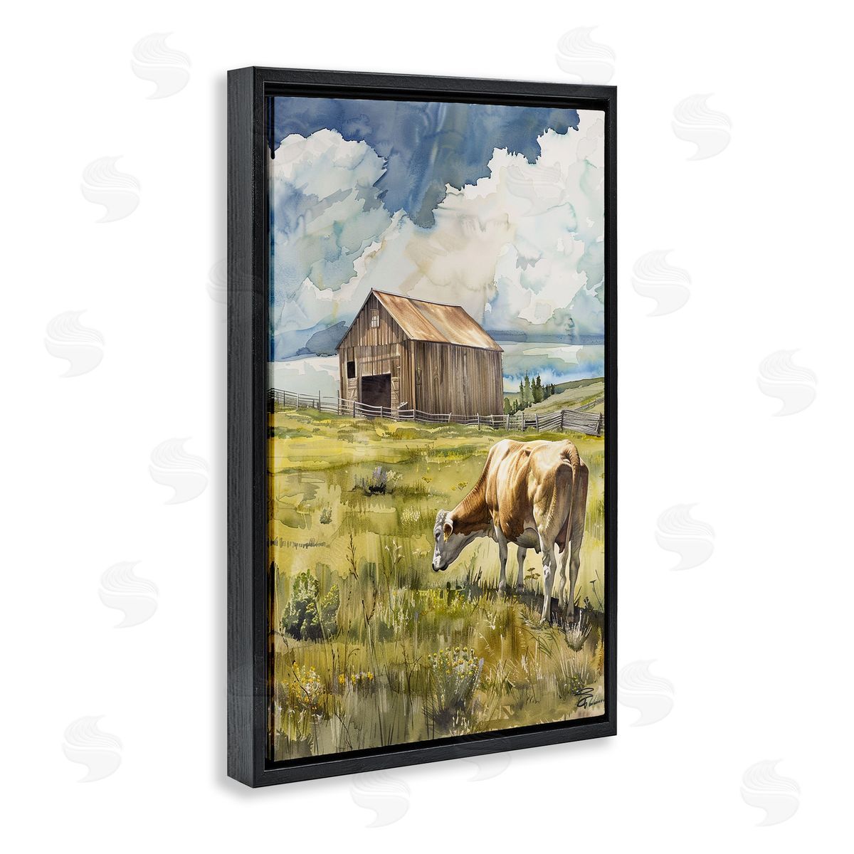 Cow in Vast Field Black Floating Frame Canvas Wall Art, Home Decor by Franklyn Gregory