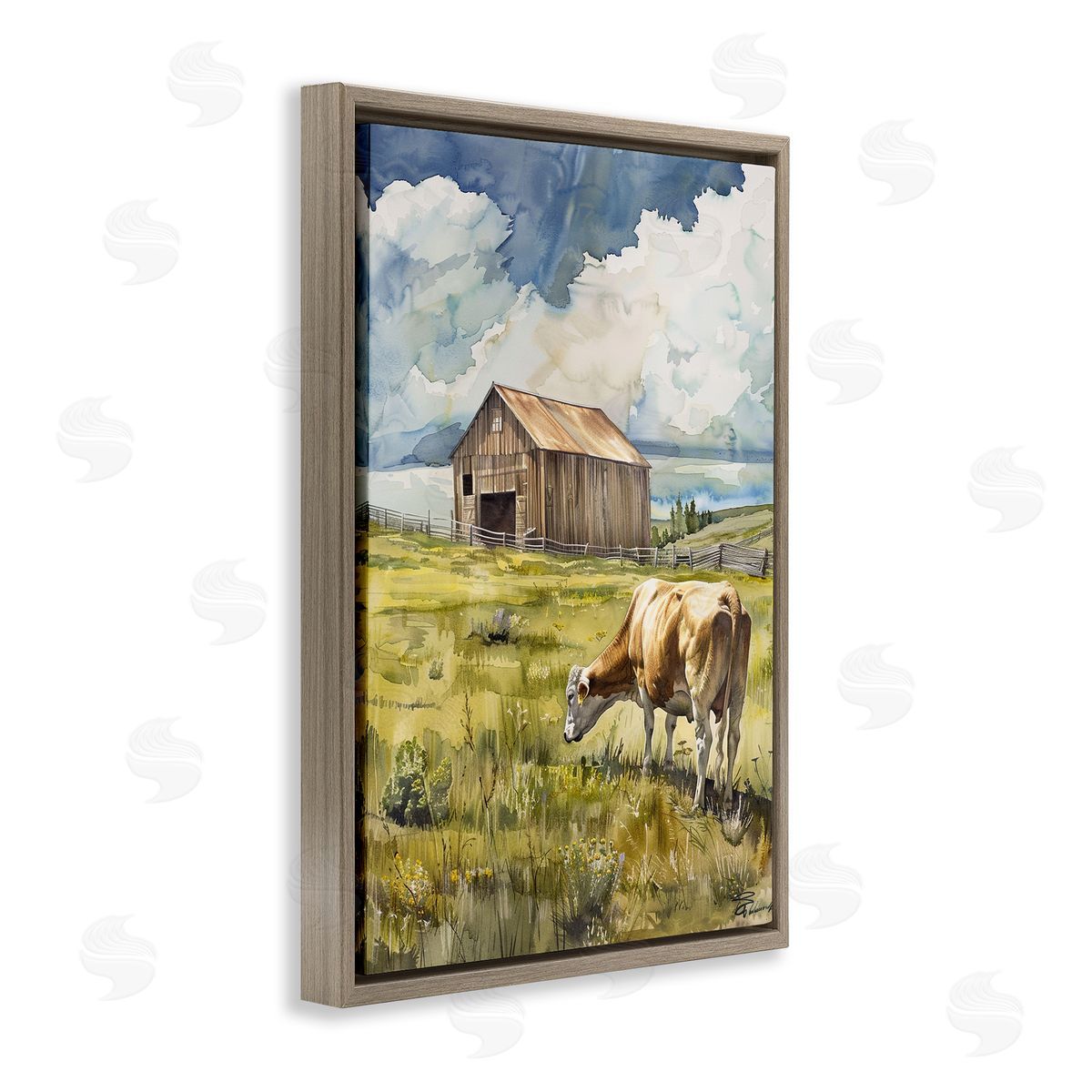 Cow in Vast Field Brown Floating Frame Canvas Wall Art, Home Decor by Franklyn Gregory