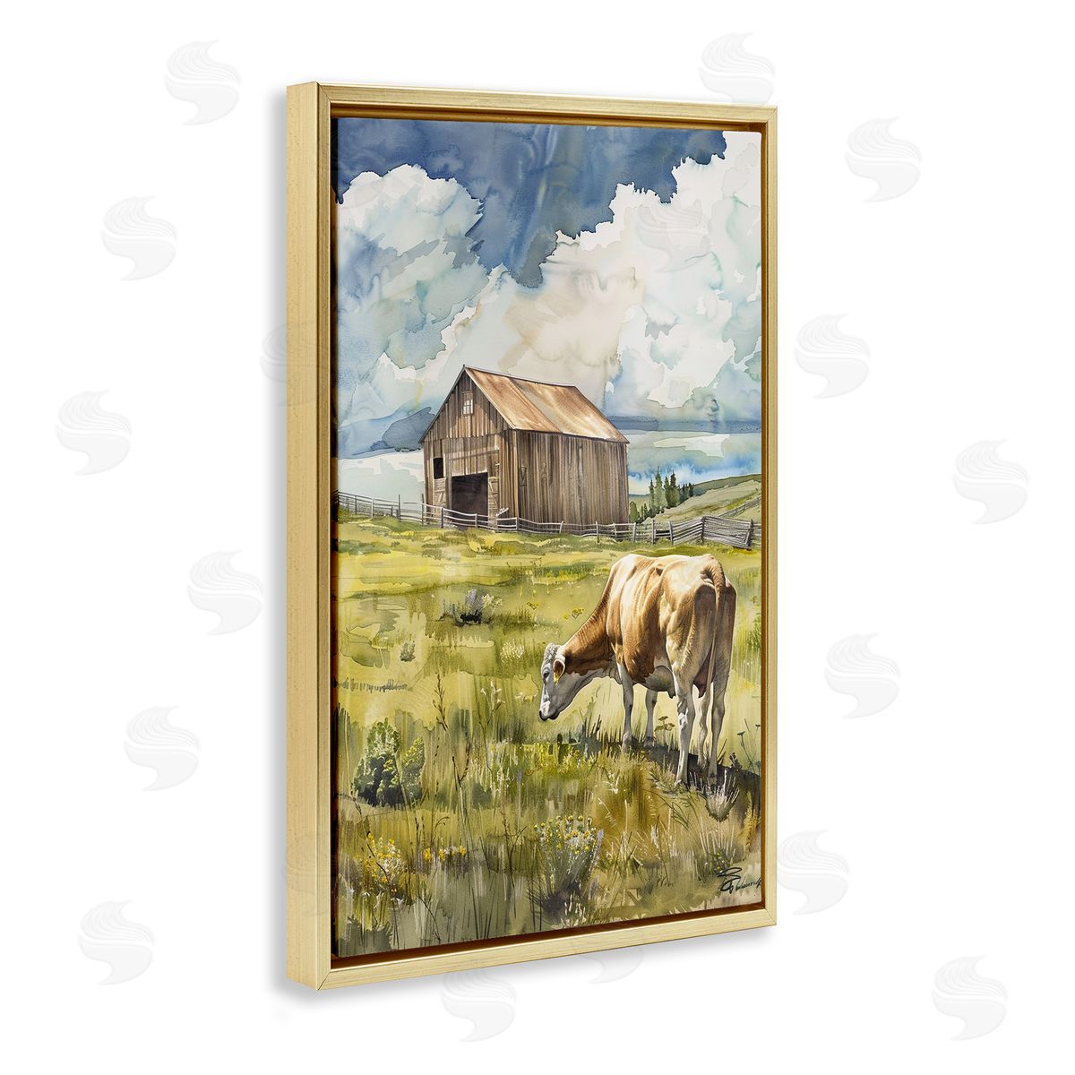 Cow in Vast Field Gold Floating Frame Canvas Wall Art, Home Decor by Franklyn Gregory