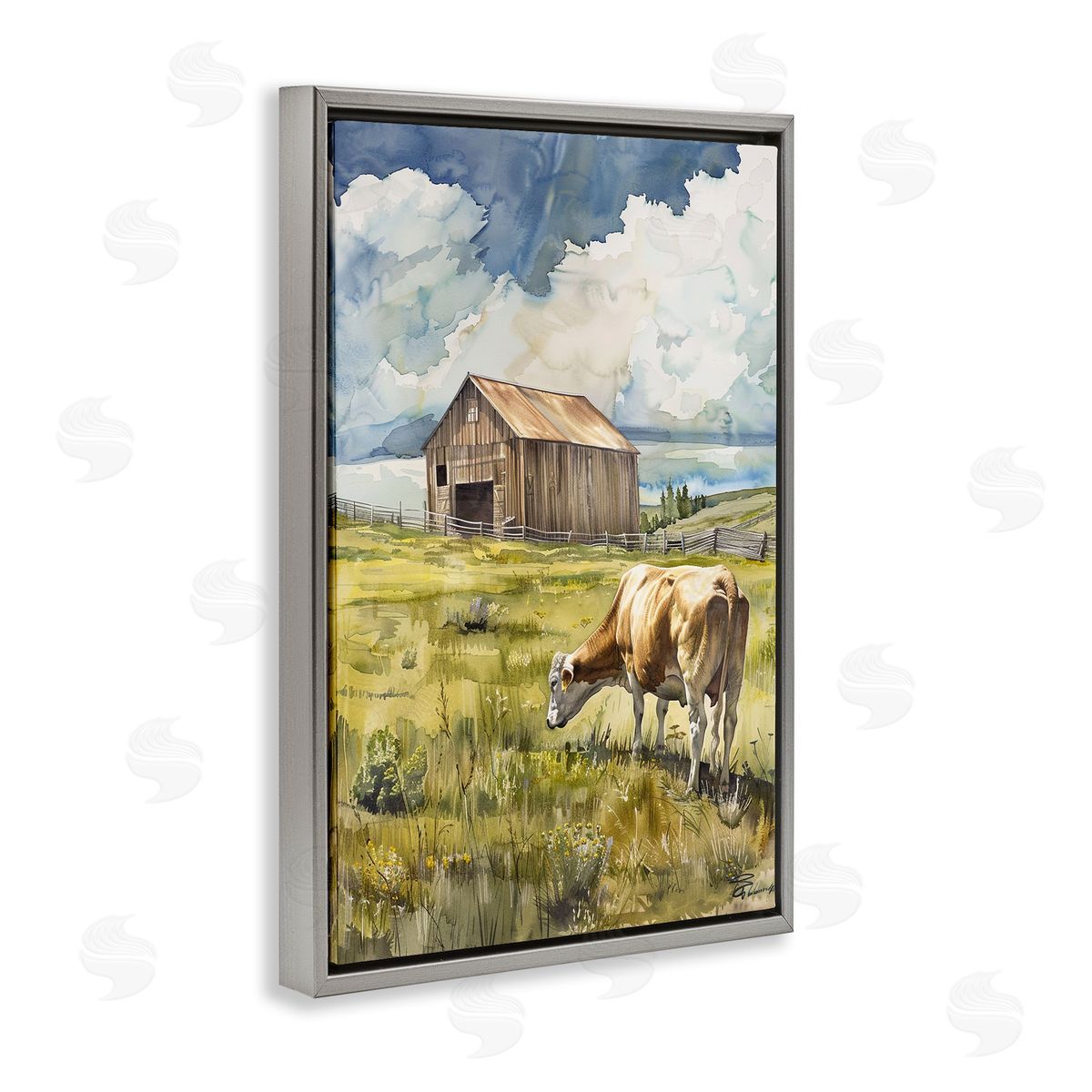 Cow in Vast Field Grey Floating Frame Canvas Wall Art, Home Decor by Franklyn Gregory