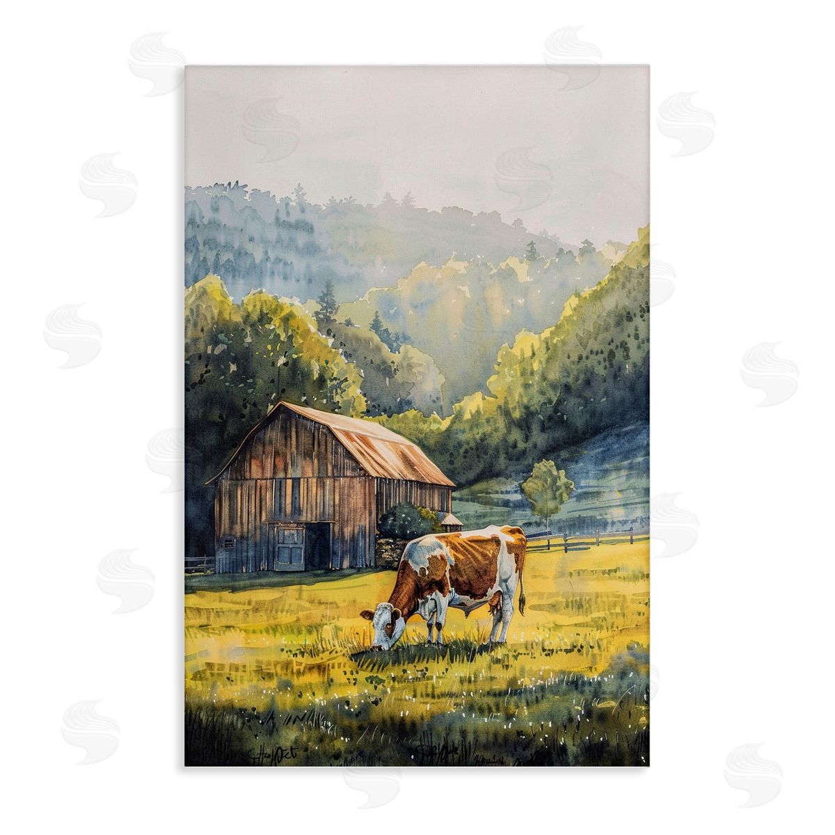Brown Spotted Cow Grazing Canvas Wall Art, Home Decor by Franklyn Gregory