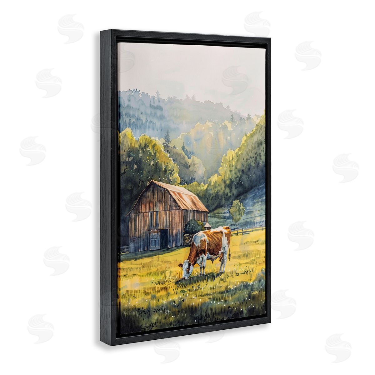 Brown Spotted Cow Grazing Black Floating Frame Canvas Wall Art, Home Decor by Franklyn Gregory
