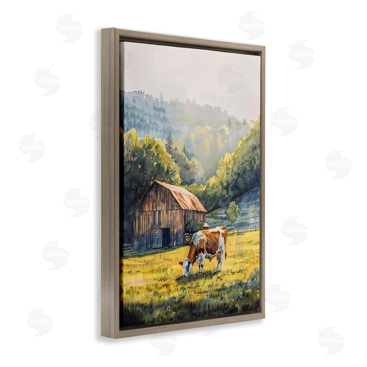 Brown Spotted Cow Grazing Brown Floating Frame Canvas Wall Art, Home Decor by Franklyn Gregory