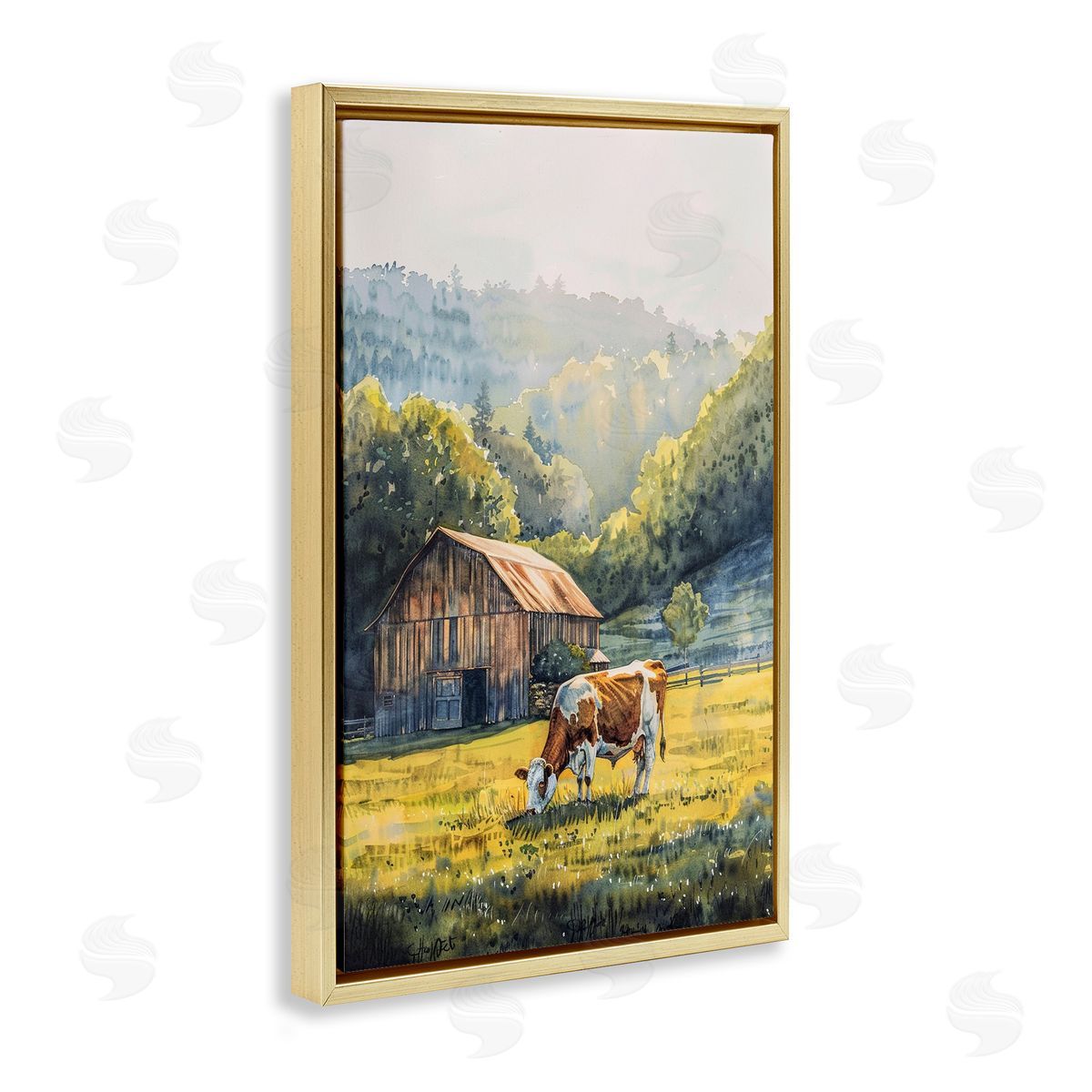 Brown Spotted Cow Grazing Gold Floating Frame Canvas Wall Art, Home Decor by Franklyn Gregory