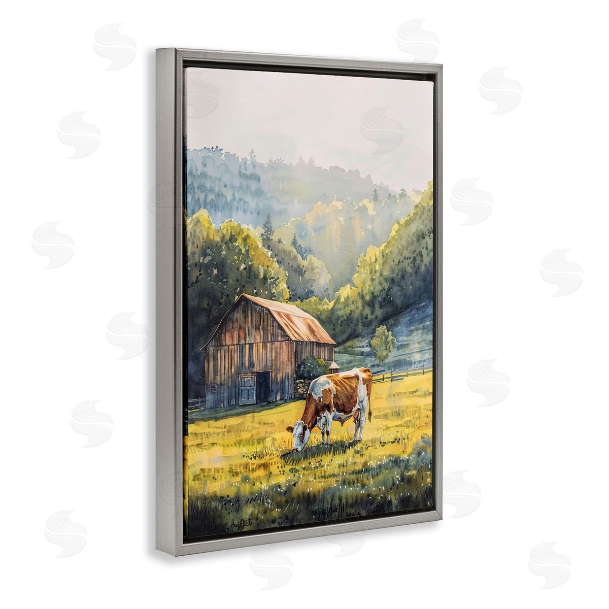 Brown Spotted Cow Grazing Grey Floating Frame Canvas Wall Art, Home Decor by Franklyn Gregory